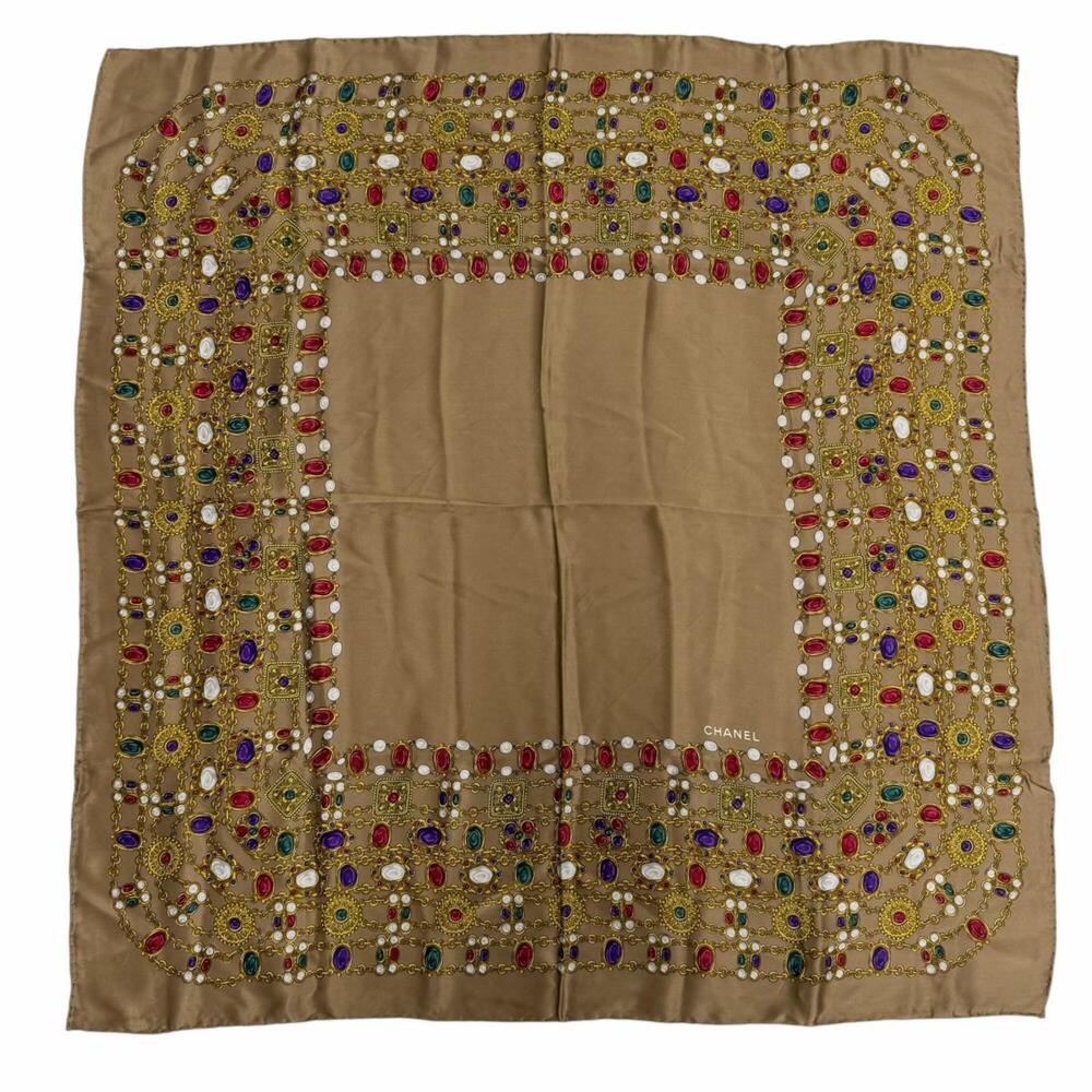CHANEL Vintage 100% Silk Gripoix Pattern Logo Scarf/Muffler, Brown Multicolor...